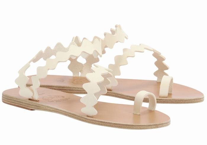 White Ancient Greek Sandals Eleftheria Onda Leather Women Toe-Post Sandals | OVG7274QL