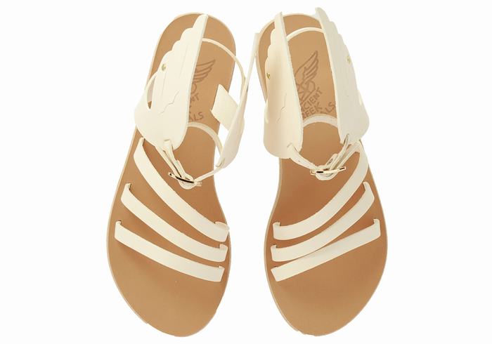 White Ancient Greek Sandals Ikaria Leather Women Ankle Strap Sandals | OXA8983ZU